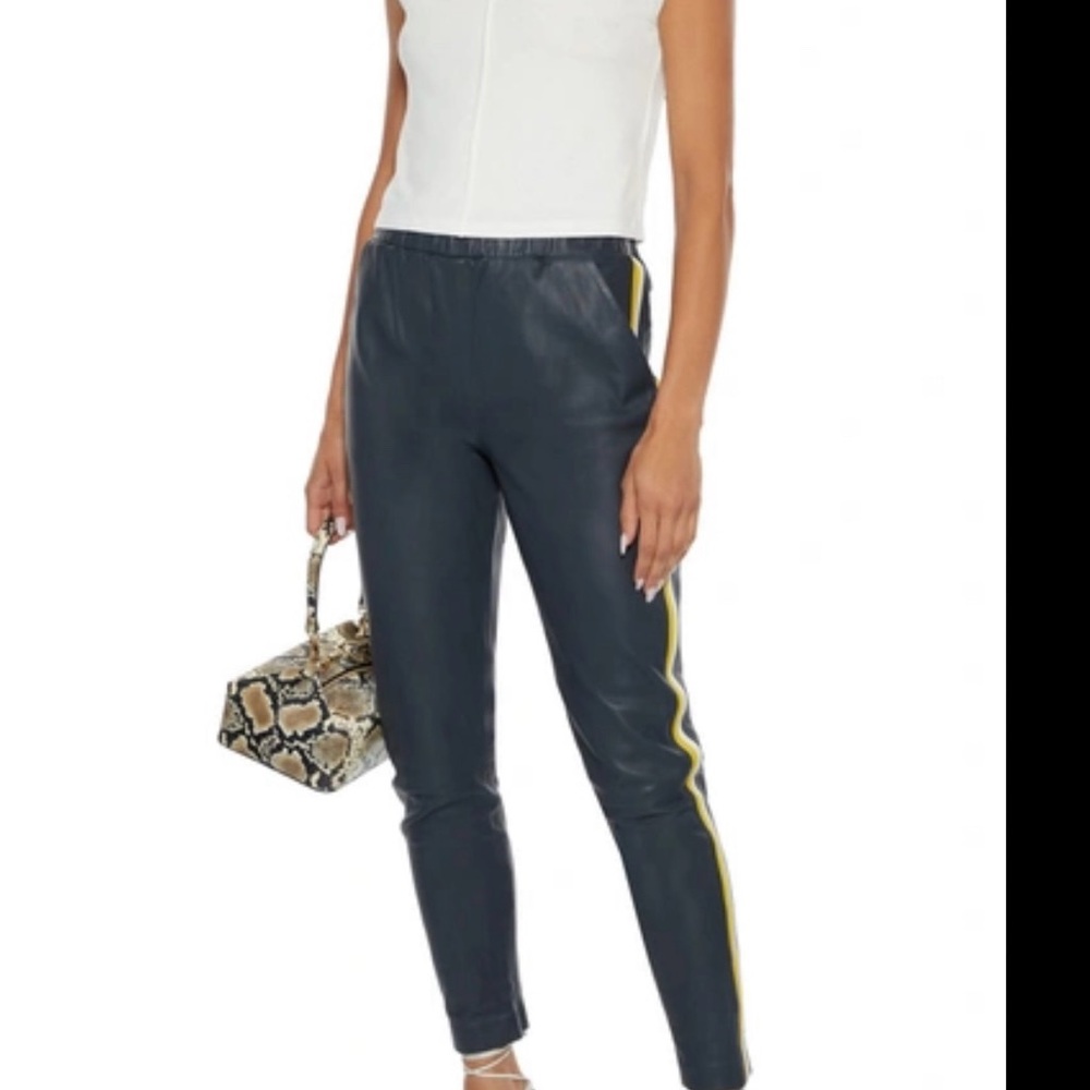 Leather slim jogger pant in blue with side stripe